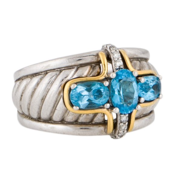 SONIA BITTON 14K YELLOW GOLD & SS TWO-TONE TOPAZ & DIAMOND COCKTAIL BAND… - Picture 3 of 7